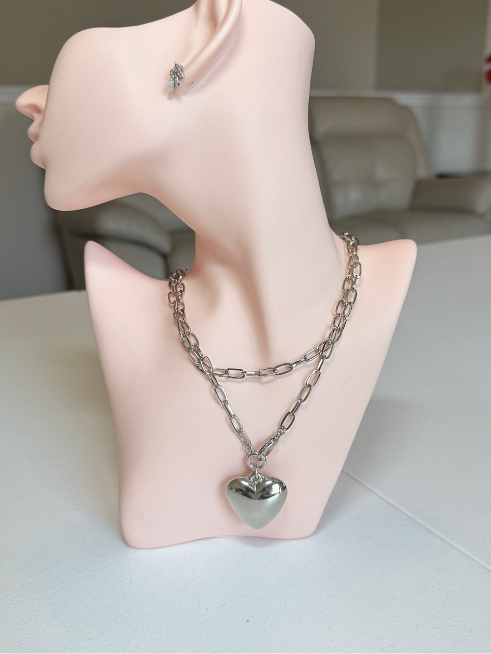 Silver Heart Pendant Long Chain Necklace